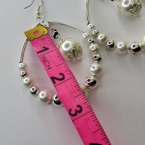 White Pearl with Silver Bead Large Teardrop Earrings Pearl Statement Earrings - Picture 5 of 7